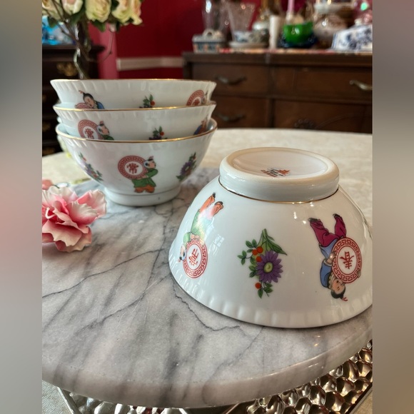 Set of 4 Vintage Jingdezhen Porcelain Bowls 5.5” -Lucky Boys \